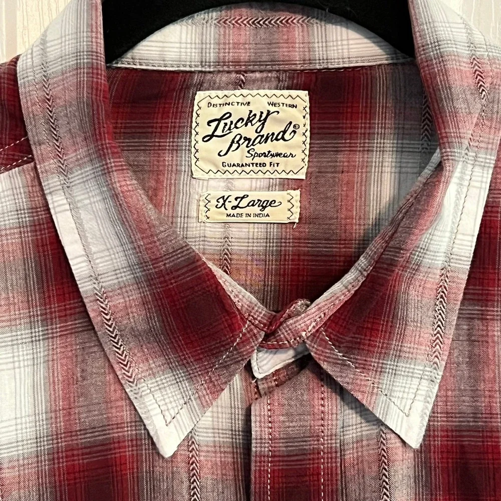 EUC Lucky Brand Mens Red Plaid Western Pearl Snap Shirt XL 7MD41077 Long Sleeve